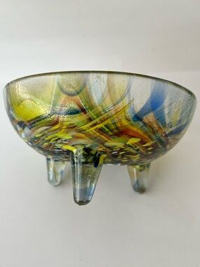 Vintage confetti swirl 3 footed art glass bowl. Handcrafted in multi colors.